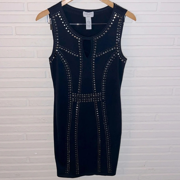 Carmen Marc Valvo Black Studded Mini Fitted Sheath Dress, Women’s Size Small - Picture 1 of 7
